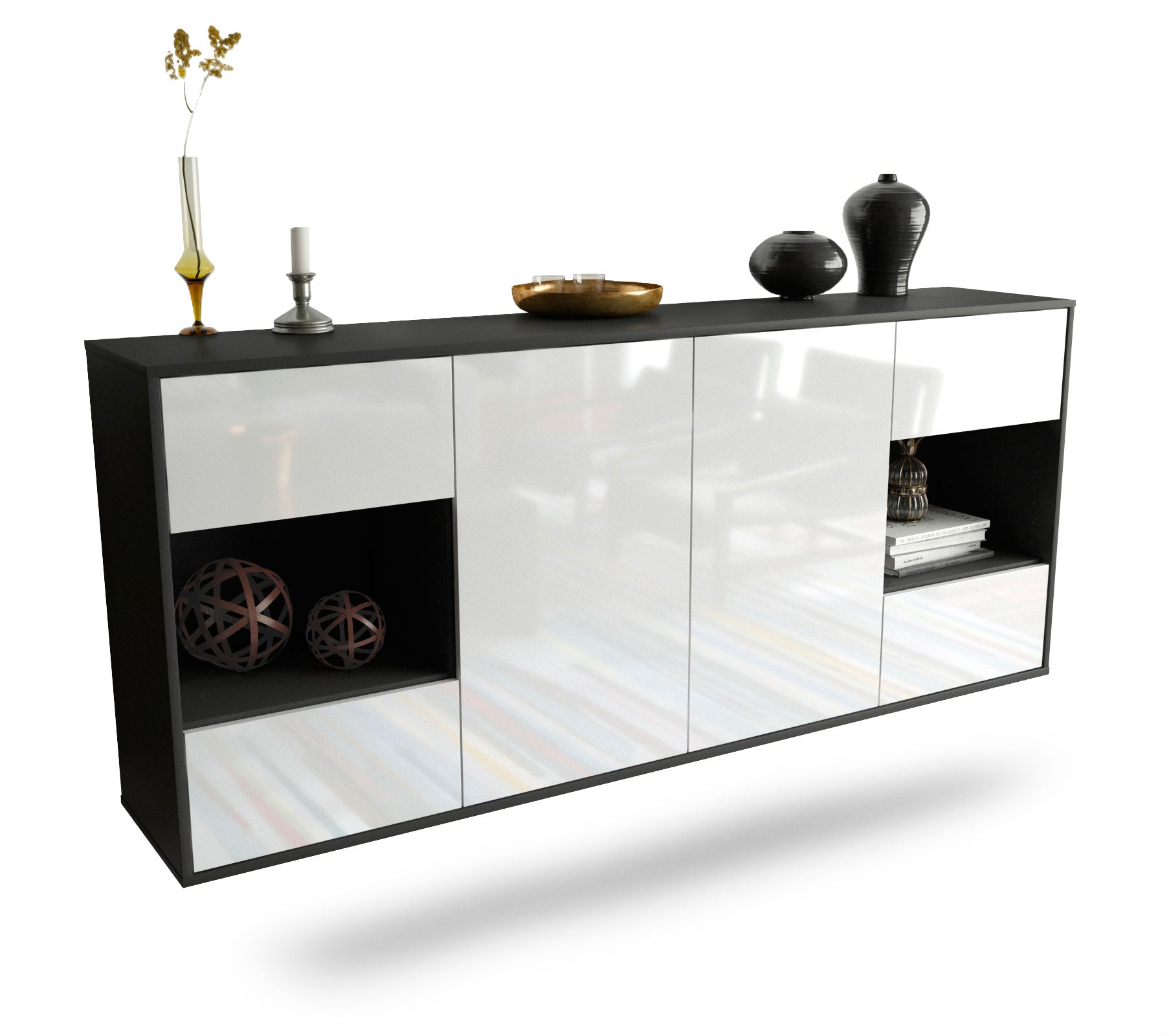 Sideboard Santa Clara | hängend | Korpus Anthrazit | Front in Hochglanz Weiß | 180x79x35cm (BxHxT) 1 Sideboard Santa Clara | hängend | Korpus Anthrazit | Front in Hochglanz Weiß | 180x79x35cm (BxHxT)