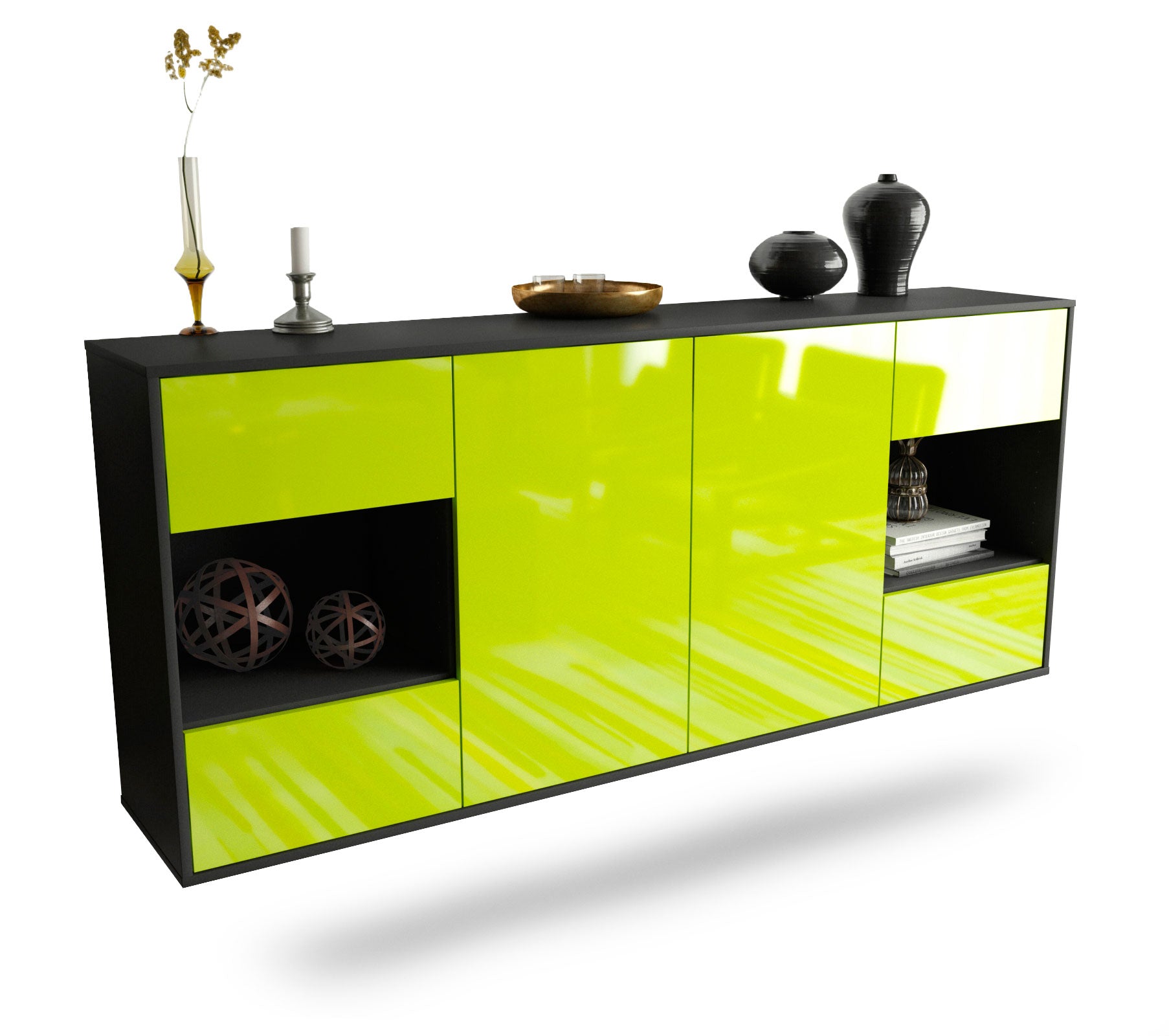 Sideboard Santa Clara | hängend | Korpus Anthrazit | Front in Hochglanz Grün | 180x79x35cm (BxHxT) 1 Sideboard Santa Clara | hängend | Korpus Anthrazit | Front in Hochglanz Grün | 180x79x35cm (BxHxT)