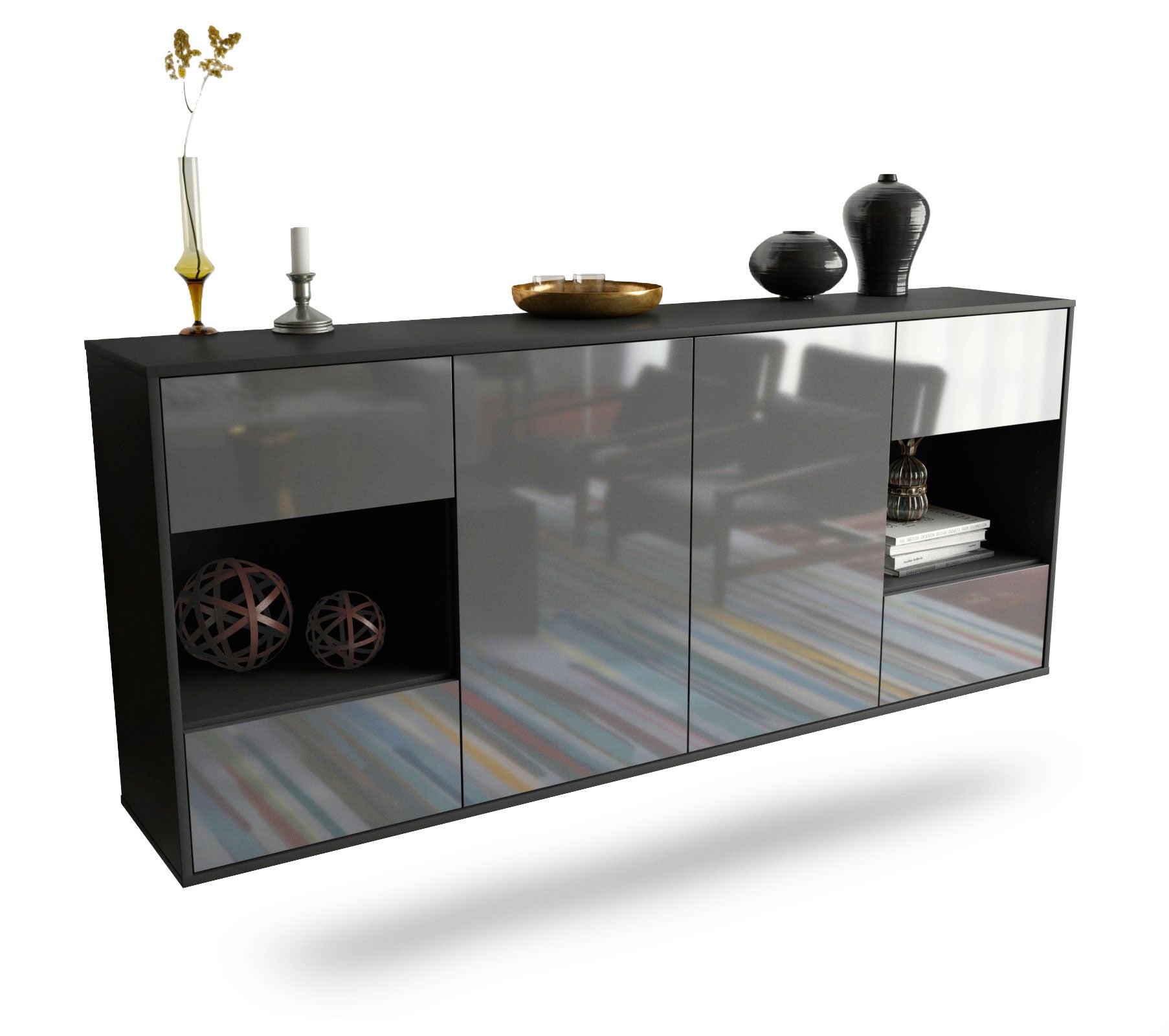Sideboard Santa Clara | hängend | Korpus Anthrazit | Front in Hochglanz Grau | 180x79x35cm (BxHxT) 1 Sideboard Santa Clara | hängend | Korpus Anthrazit | Front in Hochglanz Grau | 180x79x35cm (BxHxT)