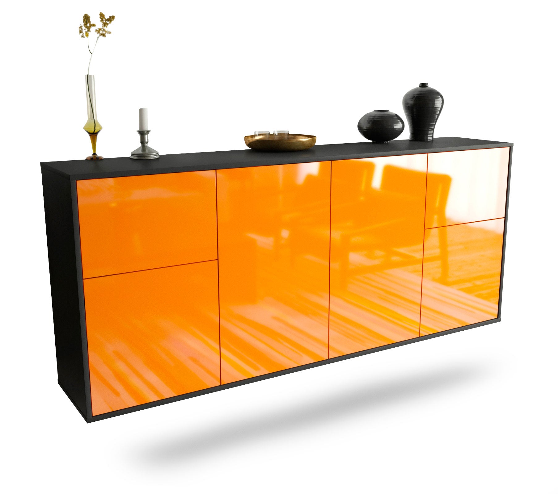 Sideboard Costa Mesa | hängend | Korpus Anthrazit | Front in Hochglanz Orange | 180x79x35cm (BxHxT) 1 Sideboard Costa Mesa | hängend | Korpus Anthrazit | Front in Hochglanz Orange | 180x79x35cm (BxHxT)