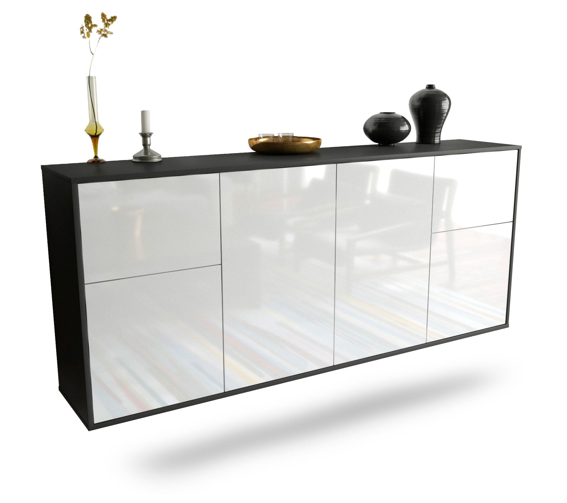 Sideboard Costa Mesa | hängend | Korpus Anthrazit | Front in Hochglanz Weiß | 180x79x35cm (BxHxT) 1 Sideboard Costa Mesa | hängend | Korpus Anthrazit | Front in Hochglanz Weiß | 180x79x35cm (BxHxT)