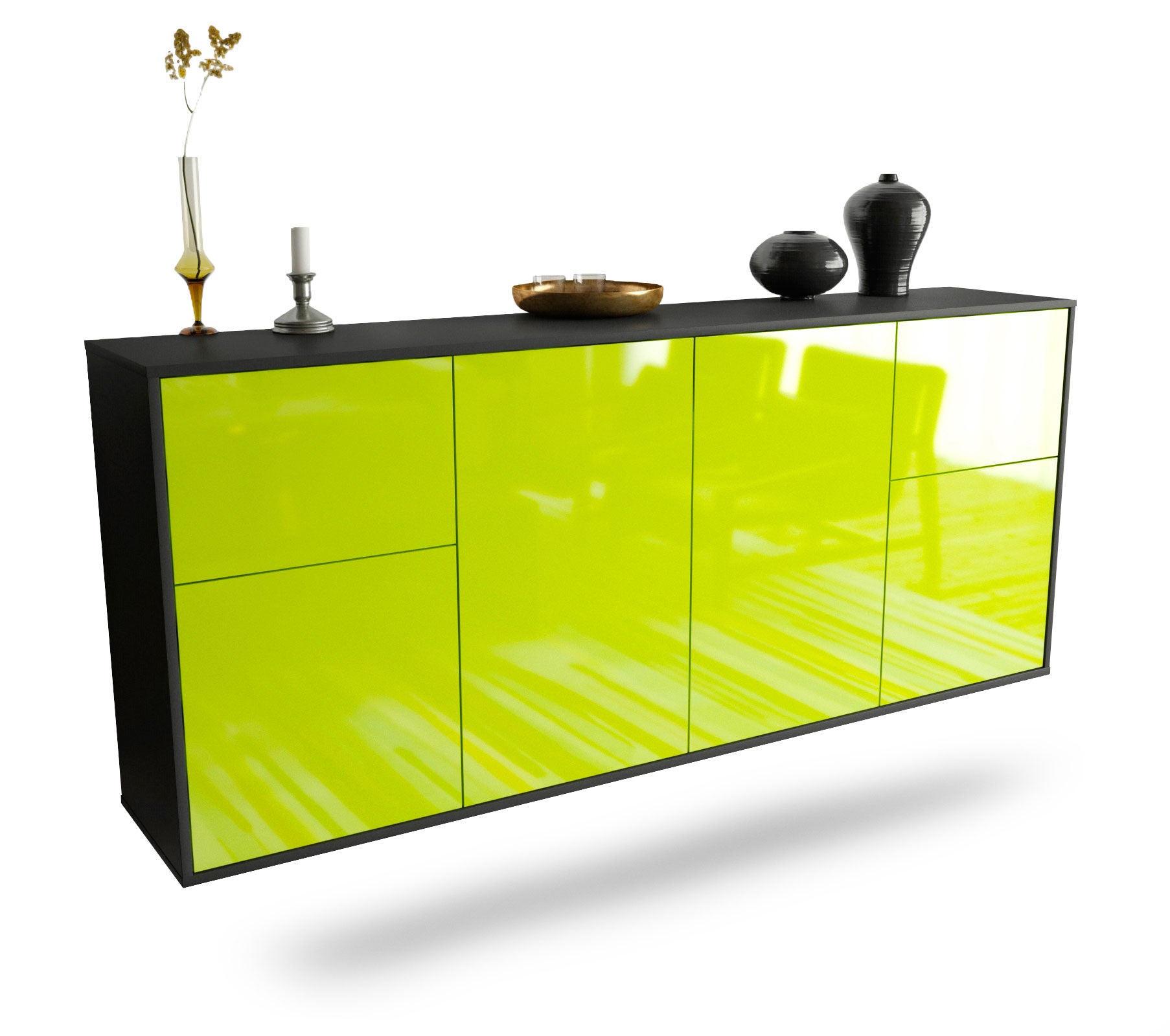 Sideboard Costa Mesa | hängend | Korpus Anthrazit | Front in Hochglanz Grün | 180x79x35cm (BxHxT) 1 Sideboard Costa Mesa | hängend | Korpus Anthrazit | Front in Hochglanz Grün | 180x79x35cm (BxHxT)