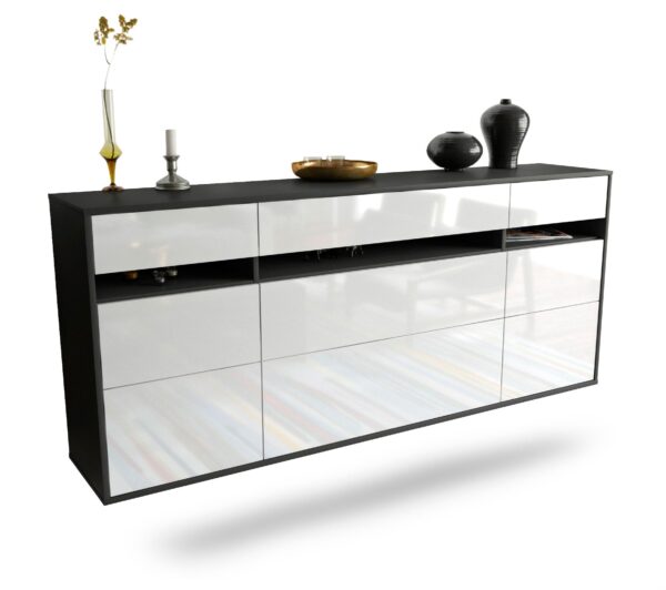 Sideboard Manchester | hängend | Korpus Anthrazit | Front in Hochglanz Weiß | 180x79x35cm (BxHxT)