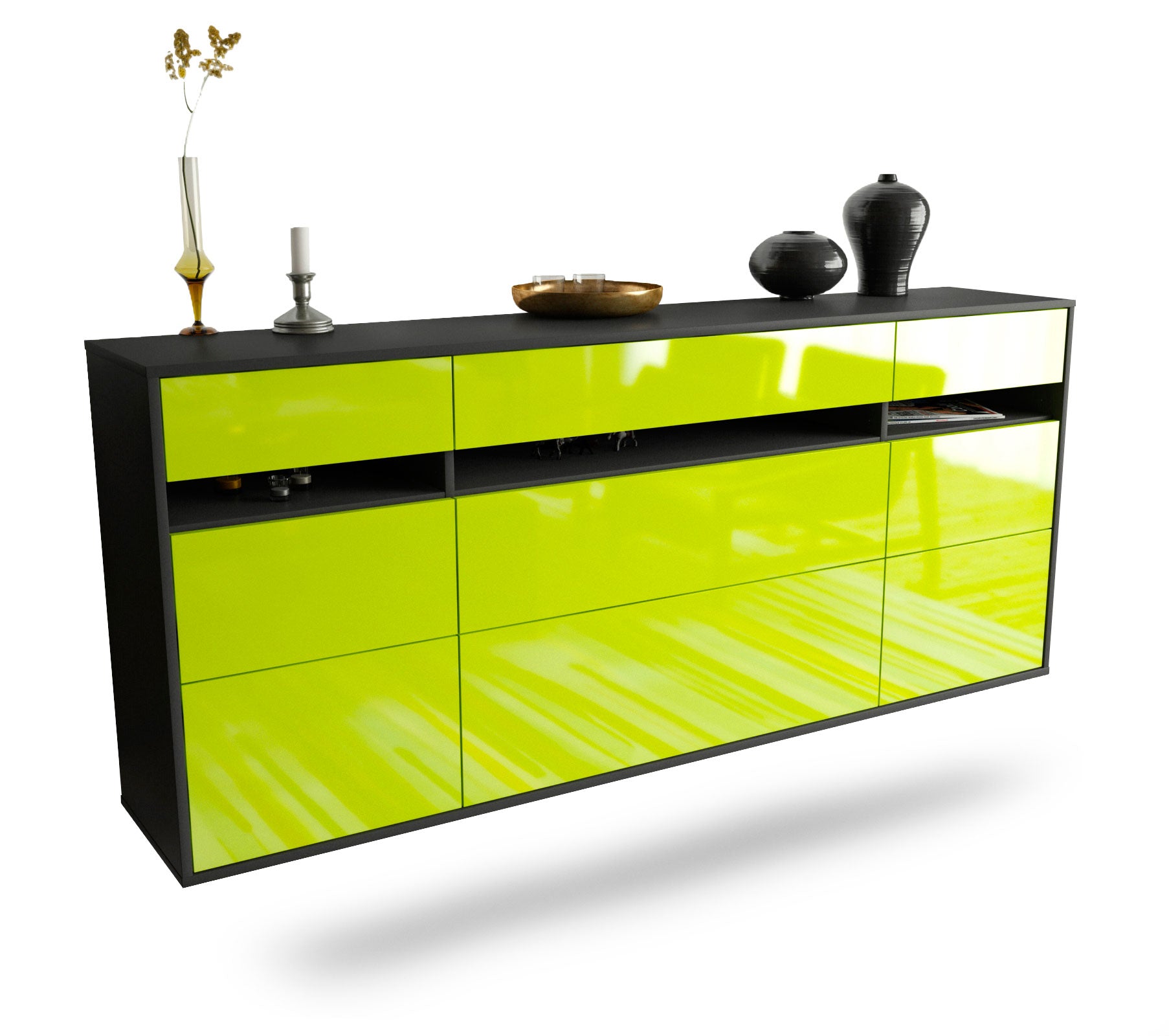 Sideboard Manchester | hängend | Korpus Anthrazit | Front in Hochglanz Grün | 180x79x35cm (BxHxT) 1 Sideboard Manchester | hängend | Korpus Anthrazit | Front in Hochglanz Grün | 180x79x35cm (BxHxT)