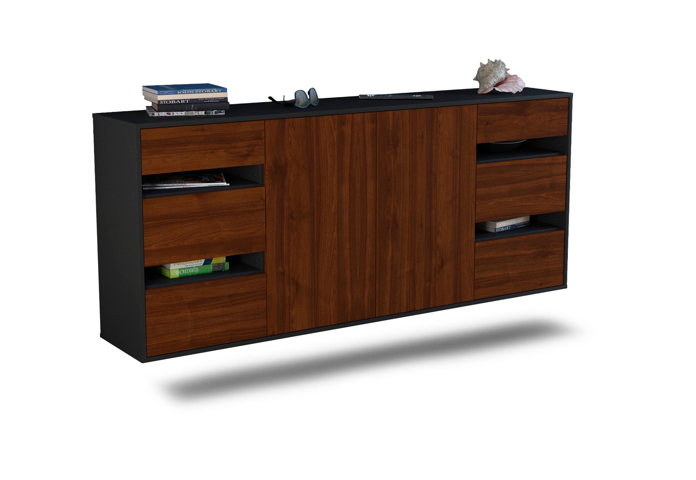 Sideboard Roseville | hängend | Korpus Anthrazit | Front in Walnuss Holz Optik | 180x79x35cm (BxHxT) 1 Sideboard Roseville | hängend | Korpus Anthrazit | Front in Walnuss Holz Optik | 180x79x35cm (BxHxT)