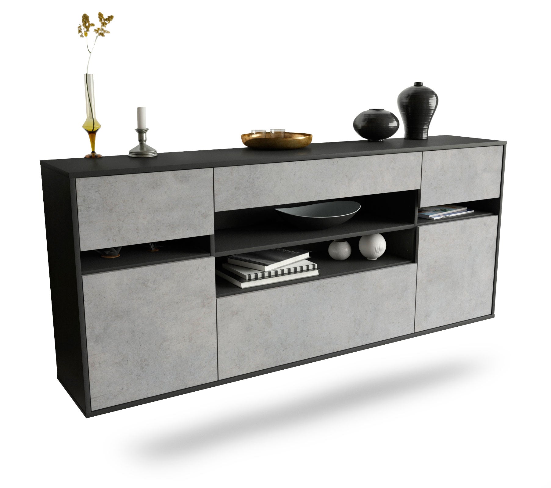Sideboard Miramar | hängend | Korpus Anthrazit | Front in Beton Optik | 180x79x35cm (BxHxT) 1 Sideboard Miramar | hängend | Korpus Anthrazit | Front in Beton Optik | 180x79x35cm (BxHxT)