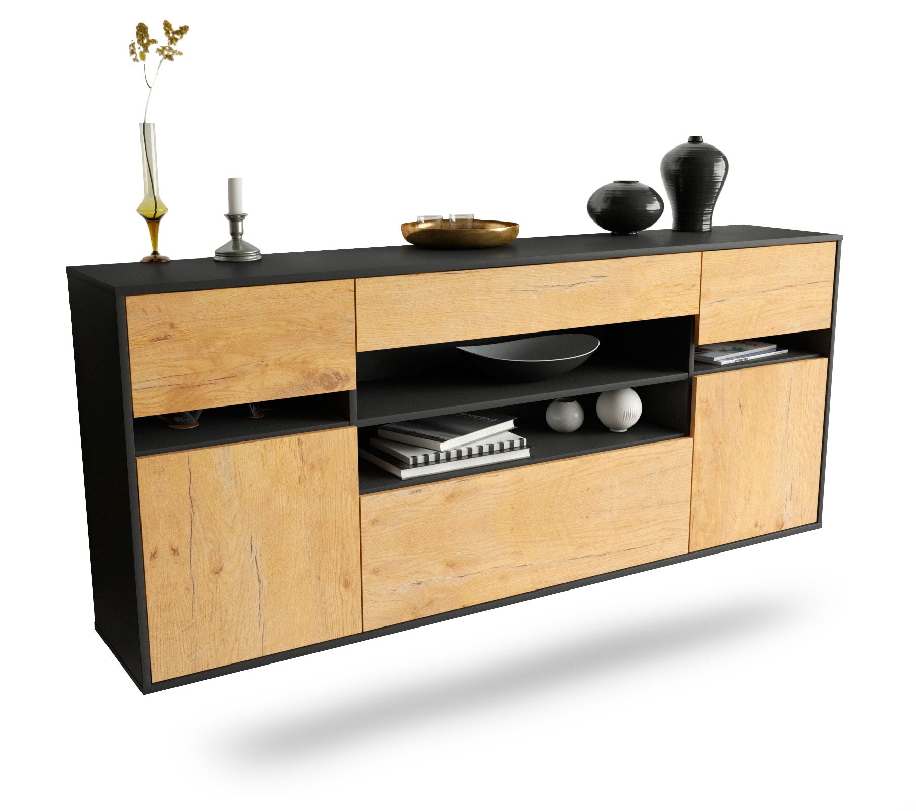 Sideboard Miramar | hängend | Korpus Anthrazit | Front in Eiche Holz Optik | 180x79x35cm (BxHxT) 1 Sideboard Miramar | hängend | Korpus Anthrazit | Front in Eiche Holz Optik | 180x79x35cm (BxHxT)