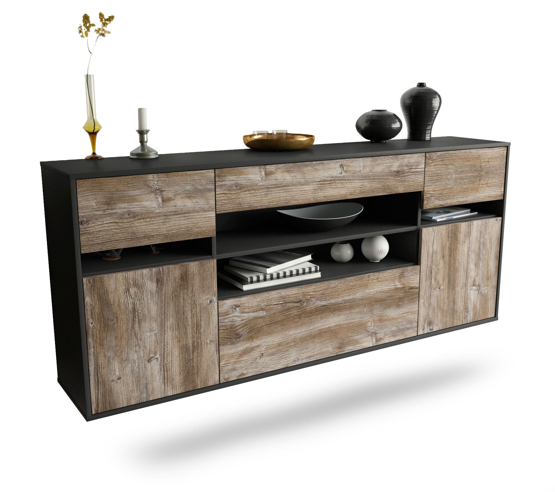 Sideboard Miramar | hängend | Korpus Anthrazit | Front in Treibholz Holz Optik | 180x79x35cm (BxHxT) 1 Sideboard Miramar | hängend | Korpus Anthrazit | Front in Treibholz Holz Optik | 180x79x35cm (BxHxT)