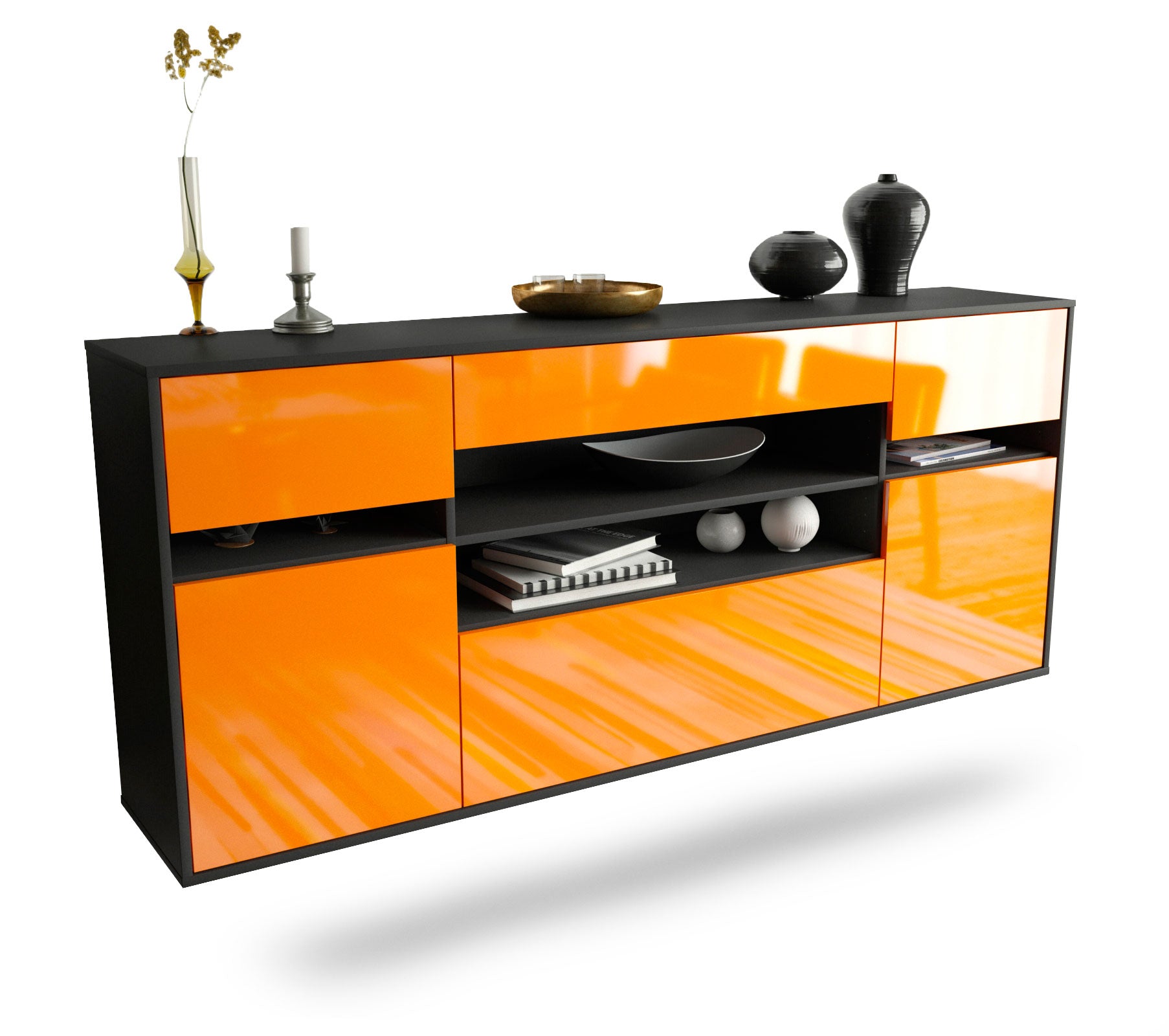 Sideboard Miramar | hängend | Korpus Anthrazit | Front in Hochglanz Orange | 180x79x35cm (BxHxT) 1 Sideboard Miramar | hängend | Korpus Anthrazit | Front in Hochglanz Orange | 180x79x35cm (BxHxT)