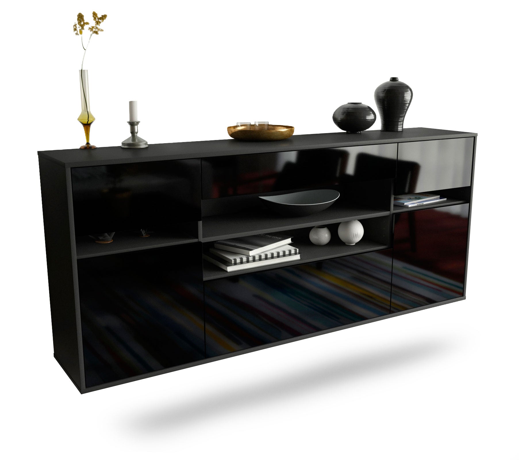 Sideboard Miramar | hängend | Korpus Anthrazit | Front in Hochglanz Schwarz | 180x79x35cm (BxHxT) 1 Sideboard Miramar | hängend | Korpus Anthrazit | Front in Hochglanz Schwarz | 180x79x35cm (BxHxT)