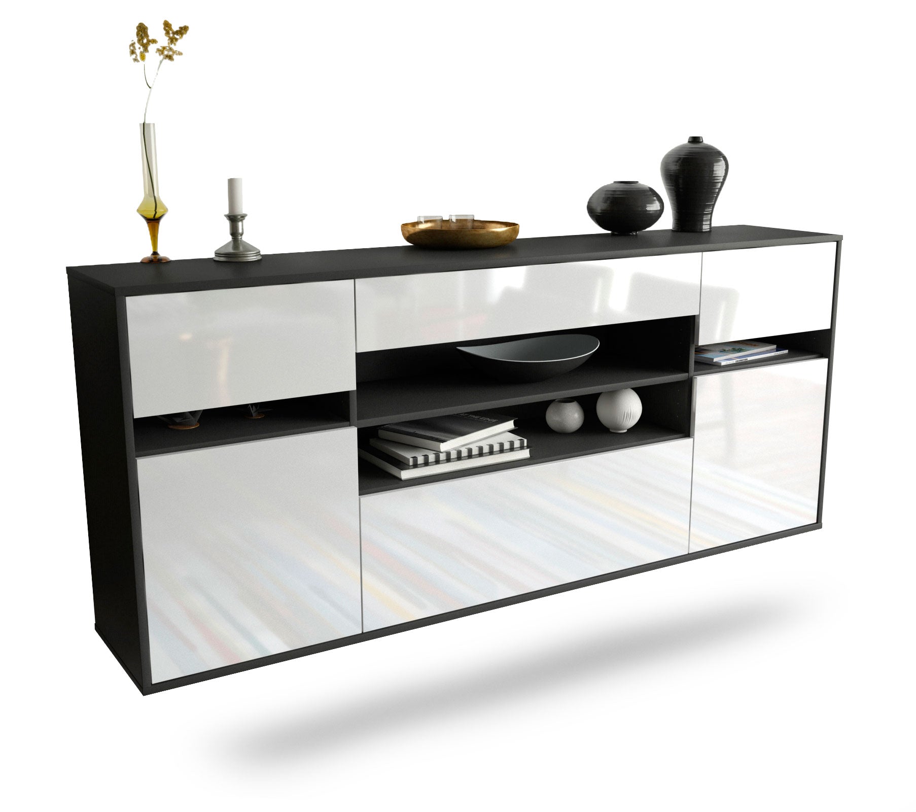 Sideboard Miramar | hängend | Korpus Anthrazit | Front in Hochglanz Weiß | 180x79x35cm (BxHxT) 1 Sideboard Miramar | hängend | Korpus Anthrazit | Front in Hochglanz Weiß | 180x79x35cm (BxHxT)