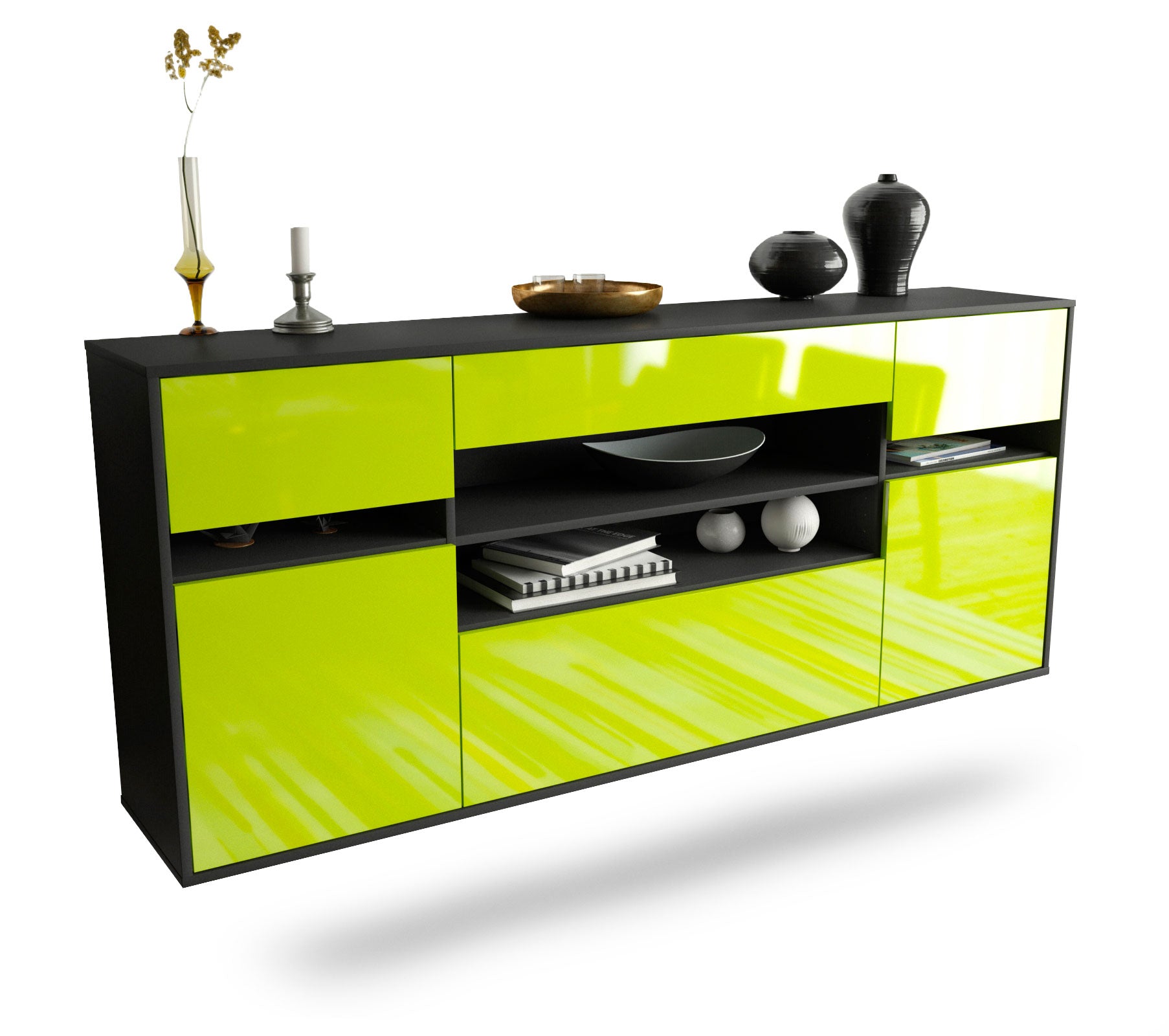 Sideboard Miramar | hängend | Korpus Anthrazit | Front in Hochglanz Grün | 180x79x35cm (BxHxT) 1 Sideboard Miramar | hängend | Korpus Anthrazit | Front in Hochglanz Grün | 180x79x35cm (BxHxT)