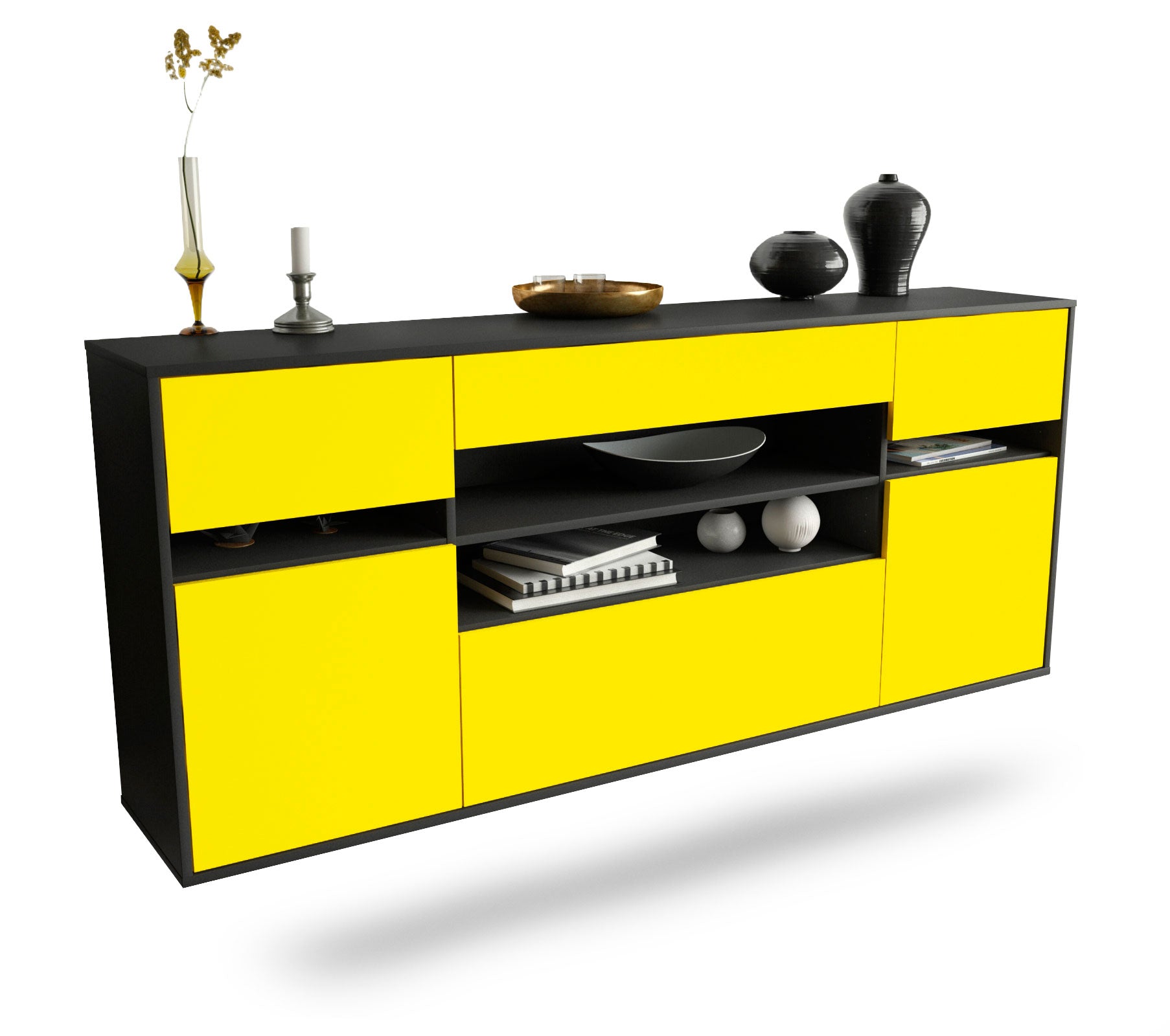 Sideboard Miramar | hängend | Korpus Anthrazit | Front in Gelb | 180x79x35cm (BxHxT) 1 Sideboard Miramar | hängend | Korpus Anthrazit | Front in Gelb | 180x79x35cm (BxHxT)