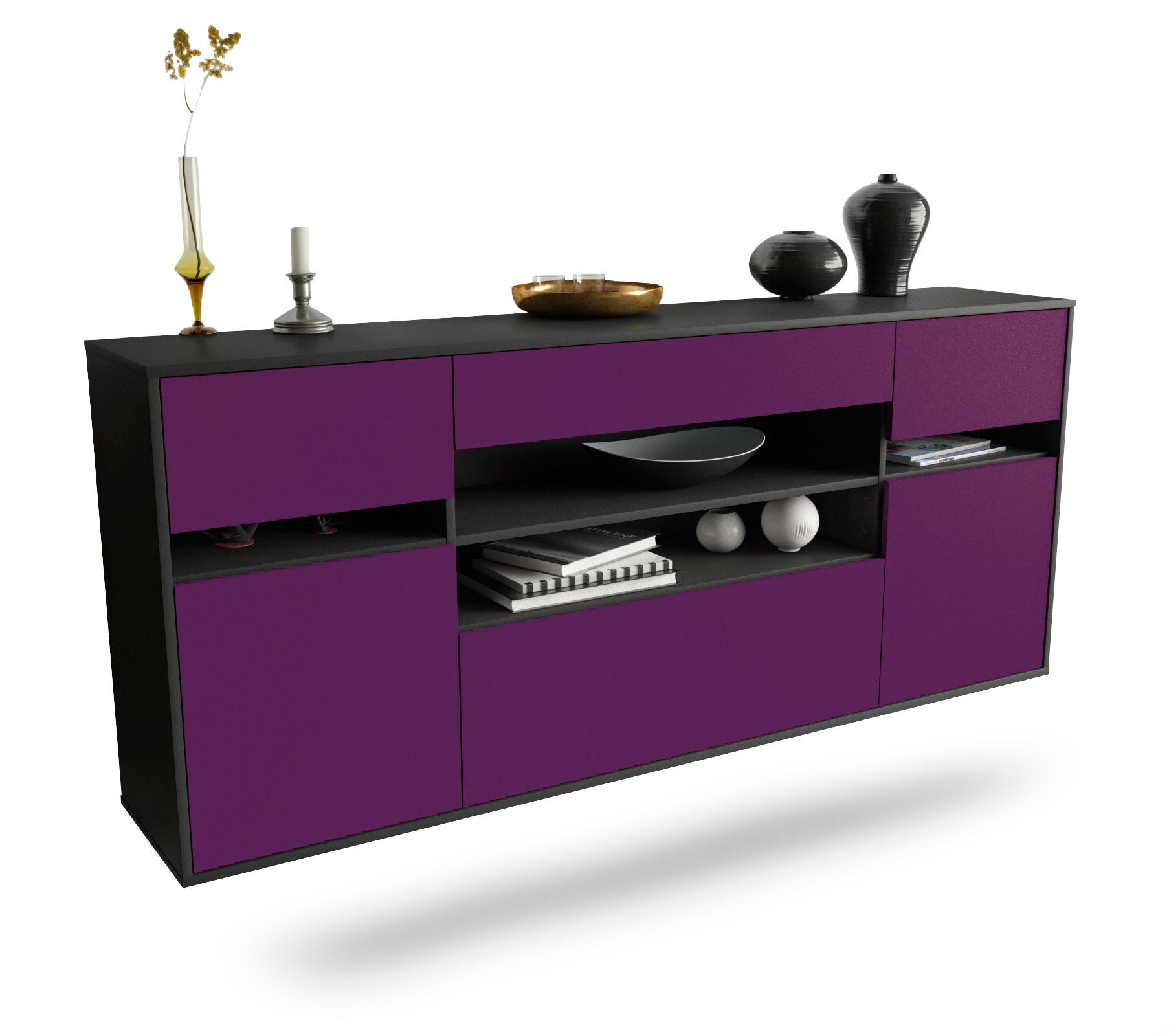 Sideboard Miramar | hängend | Korpus Anthrazit | Front in Lila | 180x79x35cm (BxHxT) 1 Sideboard Miramar | hängend | Korpus Anthrazit | Front in Lila | 180x79x35cm (BxHxT)