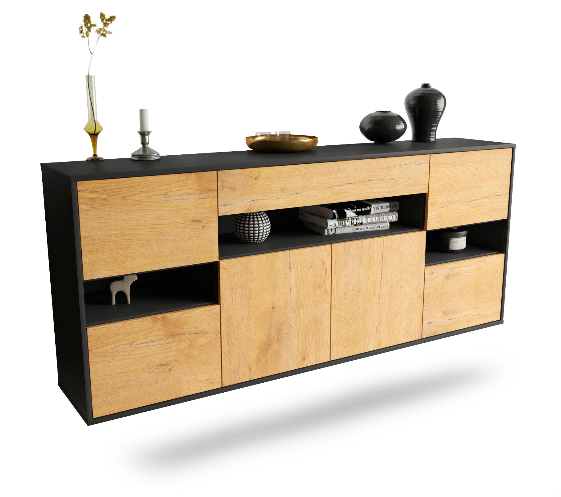 Sideboard Downey | hängend | Korpus Anthrazit | Front in Eiche Holz Optik | 180x79x35cm (BxHxT) 1 Sideboard Downey | hängend | Korpus Anthrazit | Front in Eiche Holz Optik | 180x79x35cm (BxHxT)