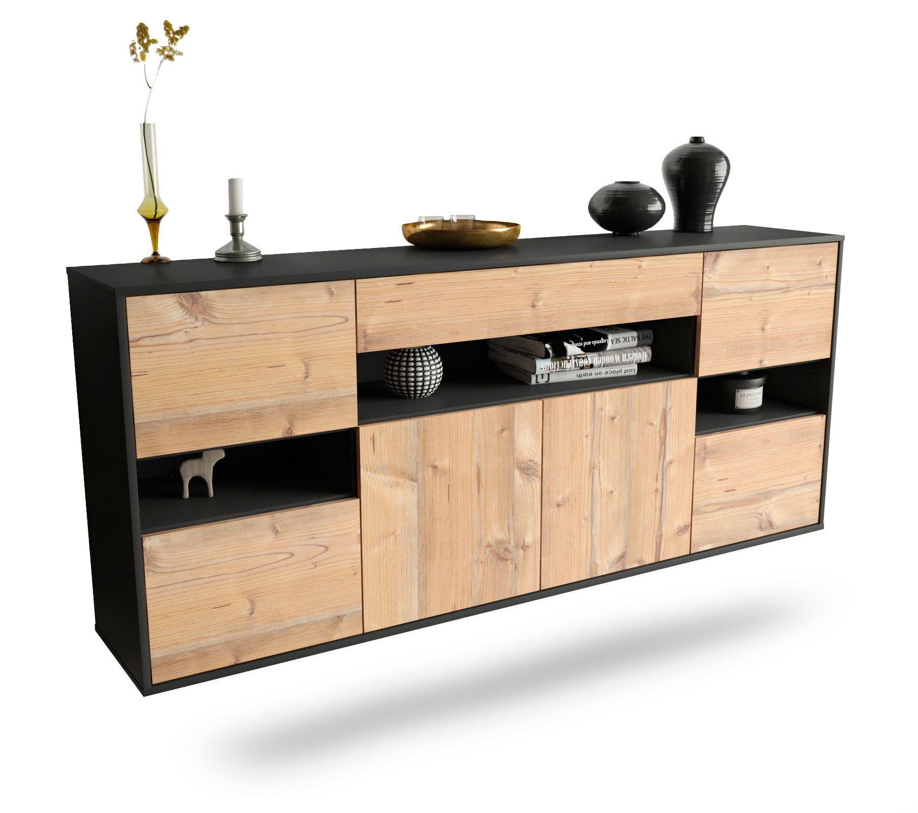 Sideboard Downey | hängend | Korpus Anthrazit | Front in Pinie Holz Optik | 180x79x35cm (BxHxT) 1 Sideboard Downey | hängend | Korpus Anthrazit | Front in Pinie Holz Optik | 180x79x35cm (BxHxT)