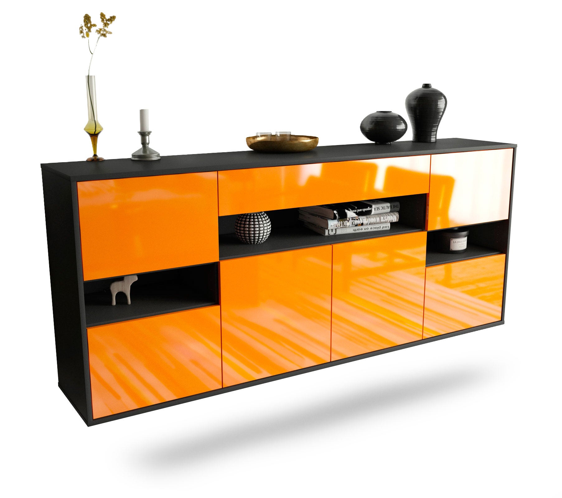 Sideboard Downey | hängend | Korpus Anthrazit | Front in Hochglanz Orange | 180x79x35cm (BxHxT) 1 Sideboard Downey | hängend | Korpus Anthrazit | Front in Hochglanz Orange | 180x79x35cm (BxHxT)
