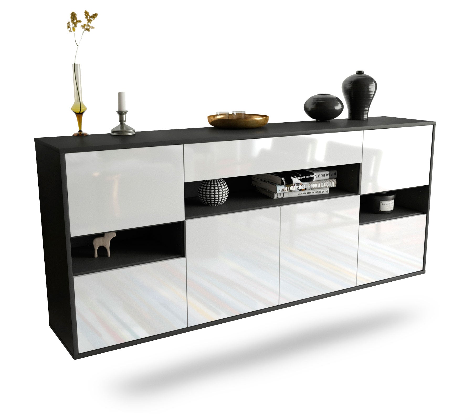 Sideboard Downey | hängend | Korpus Anthrazit | Front in Hochglanz Weiß | 180x79x35cm (BxHxT) 1 Sideboard Downey | hängend | Korpus Anthrazit | Front in Hochglanz Weiß | 180x79x35cm (BxHxT)