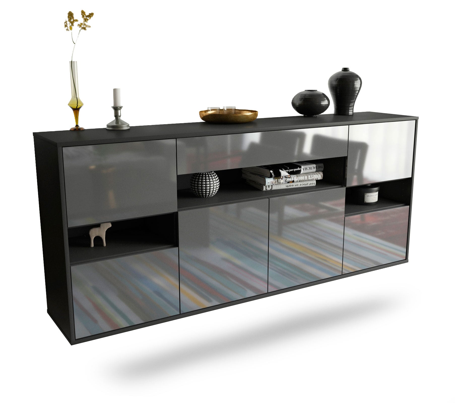 Sideboard Downey | hängend | Korpus Anthrazit | Front in Hochglanz Grau | 180x79x35cm (BxHxT) 1 Sideboard Downey | hängend | Korpus Anthrazit | Front in Hochglanz Grau | 180x79x35cm (BxHxT)