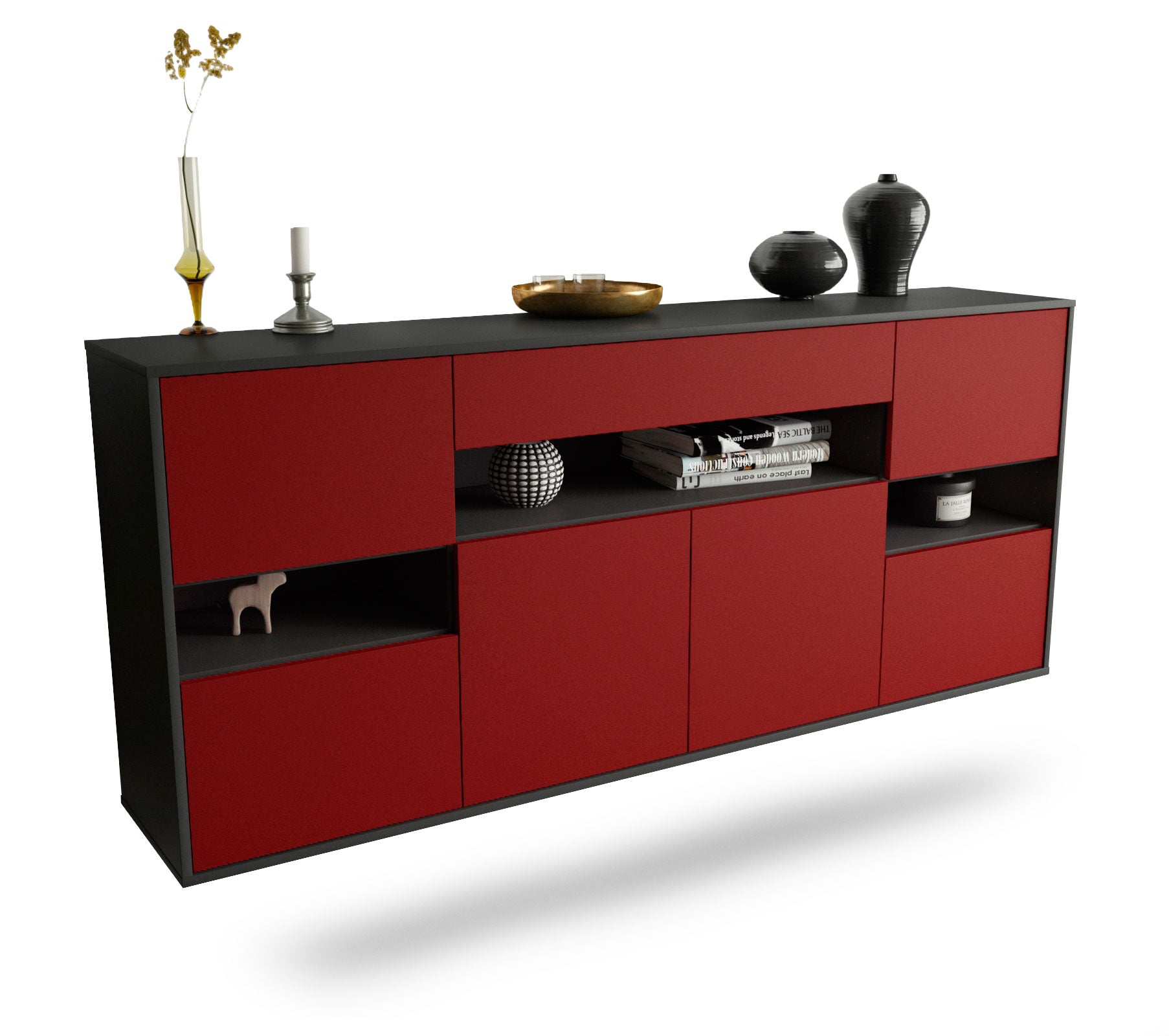 Sideboard Downey | hängend | Korpus Anthrazit | Front in Bordeaux | 180x79x35cm (BxHxT) 1 Sideboard Downey | hängend | Korpus Anthrazit | Front in Bordeaux | 180x79x35cm (BxHxT)