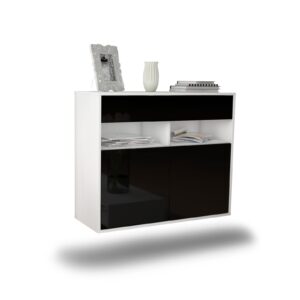 Sideboard North Las Vegas | hängend | Korpus Weiß | Front in Hochglanz Schwarz | 92x79x35cm (BxHxT)