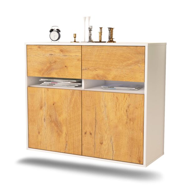 Sideboard Akron | hängend | Korpus Weiß | Front in Eiche Holz Optik | 92x79x35cm (BxHxT)