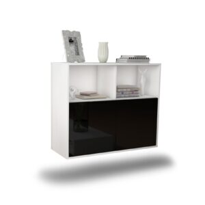 Sideboard Rochester | hängend | Korpus Weiß | Front in Hochglanz Schwarz | 92x79x35cm (BxHxT)