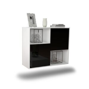 Sideboard Modesto | hängend | Korpus Weiß | Front in Hochglanz Schwarz | 92x79x35cm (BxHxT)