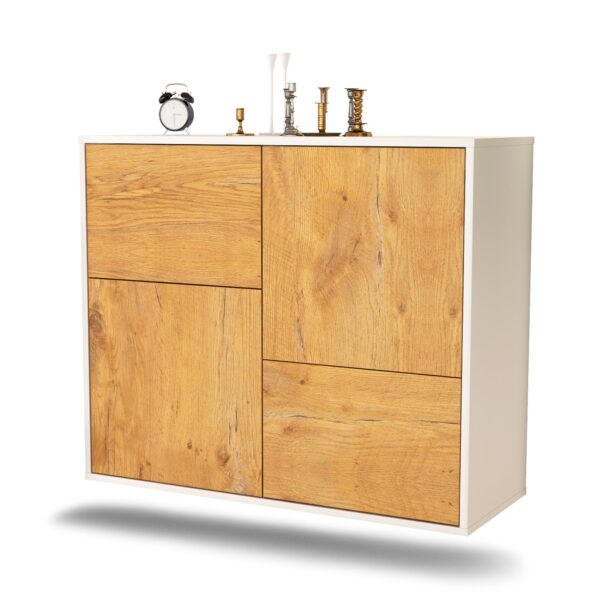 Sideboard Fremont | hängend | Korpus Weiß | Front in Eiche Holz Optik | 92x79x35cm (BxHxT)