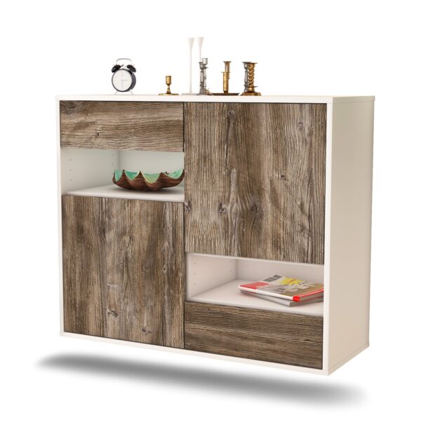 Sideboard Spokane | hängend | Korpus Weiß | Front in Treibholz Holz Optik | 92x79x35cm (BxHxT)