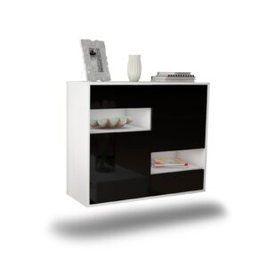 Sideboard Spokane | hängend | Korpus Weiß | Front in Hochglanz Schwarz | 92x79x35cm (BxHxT)