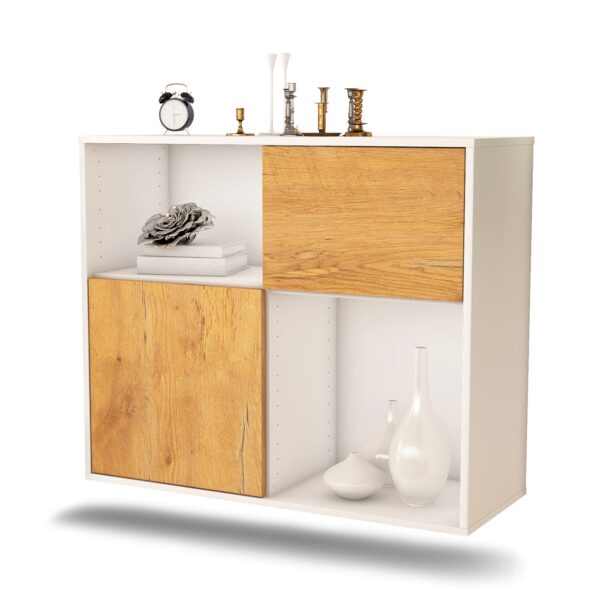 Sideboard Shreveport | hängend | Korpus Weiß | Front in Eiche Holz Optik | 92x79x35cm (BxHxT)