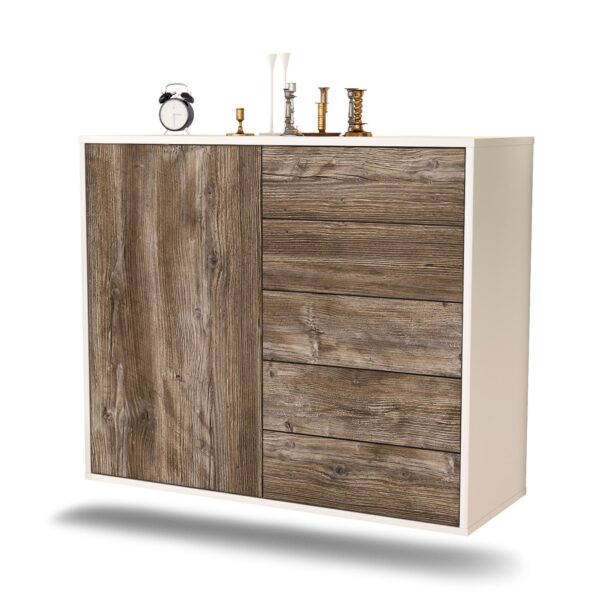 Sideboard Yonkers | hängend | Korpus Weiß | Front in Treibholz Holz Optik | 92x79x35cm (BxHxT)