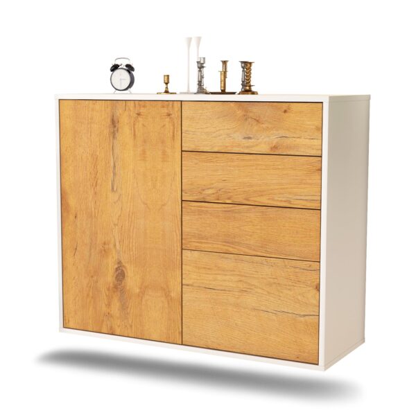 Sideboard Tacoma | hängend | Korpus Weiß | Front in Eiche Holz Optik | 92x79x35cm (BxHxT)
