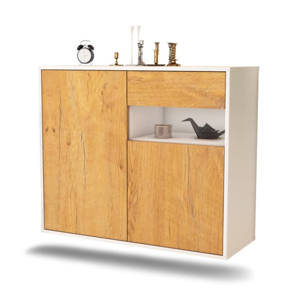 Sideboard Augusta | hängend | Korpus Weiß | Front in Eiche Holz Optik | 92x79x35cm (BxHxT)