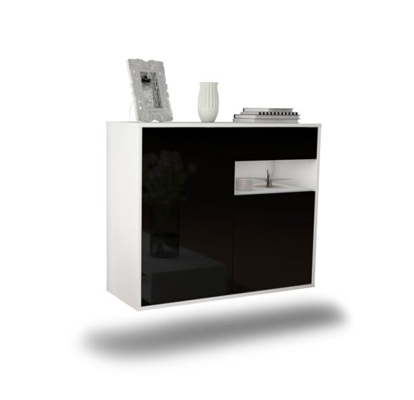 Sideboard Augusta | hängend | Korpus Weiß | Front in Hochglanz Schwarz | 92x79x35cm (BxHxT)