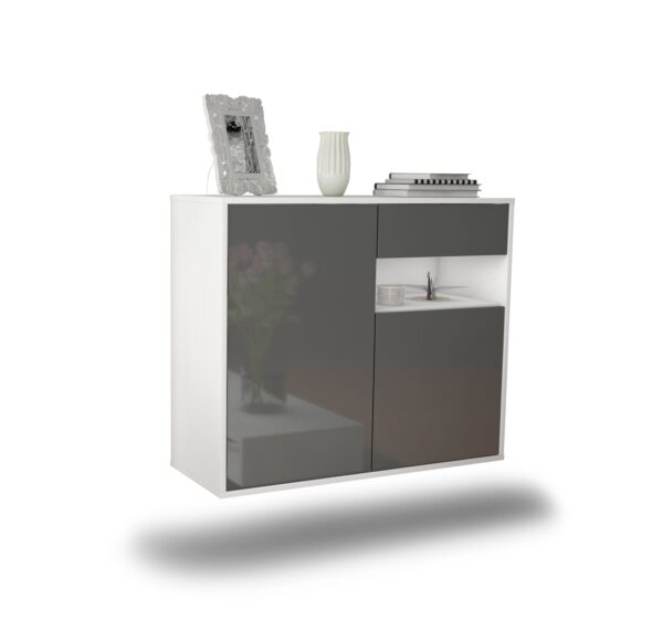 Sideboard Augusta | hängend | Korpus Weiß | Front in Hochglanz Grau | 92x79x35cm (BxHxT)