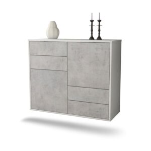 Sideboard Little Rock | hängend | Korpus Weiß | Front in Beton Optik | 92x79x35cm (BxHxT)