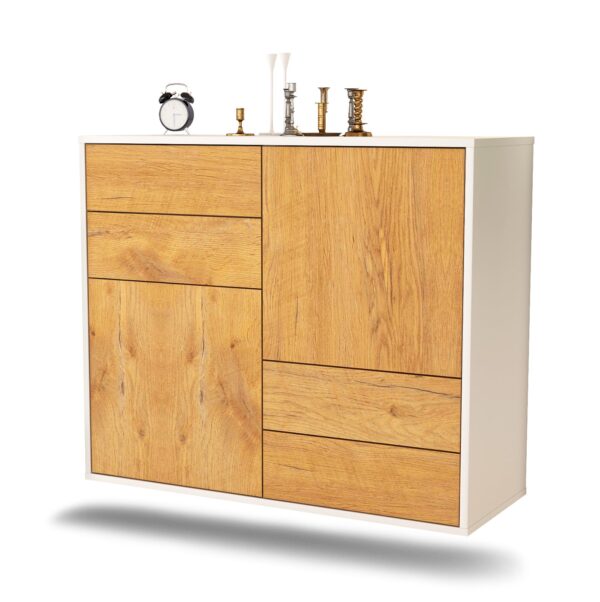 Sideboard Little Rock | hängend | Korpus Weiß | Front in Eiche Holz Optik | 92x79x35cm (BxHxT)