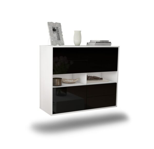 Sideboard Oxnard | hängend | Korpus Weiß | Front in Hochglanz Schwarz | 92x79x35cm (BxHxT)