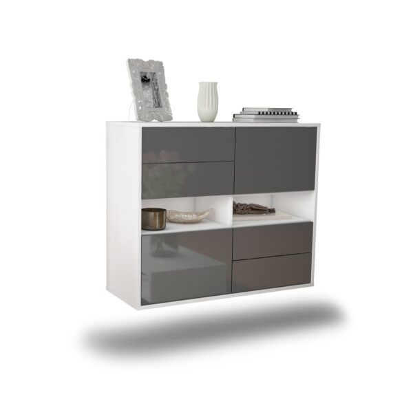 Sideboard Oxnard | hängend | Korpus Weiß | Front in Hochglanz Grau | 92x79x35cm (BxHxT)