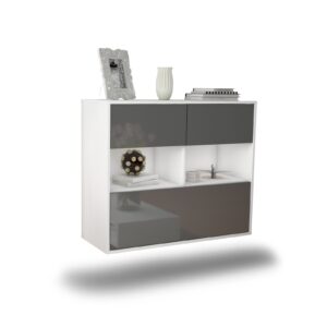 Sideboard Newport News | hängend | Korpus Weiß | Front in Hochglanz Grau | 92x79x35cm (BxHxT)