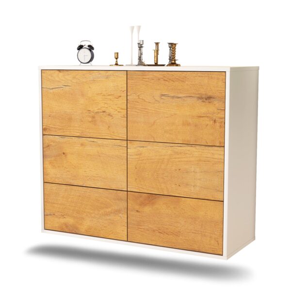 Sideboard Worcester | hängend | Korpus Weiß | Front in Eiche Holz Optik | 92x79x35cm (BxHxT)