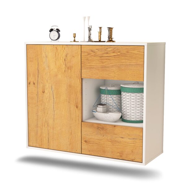 Sideboard Brownsville | hängend | Korpus Weiß | Front in Eiche Holz Optik | 92x79x35cm (BxHxT)