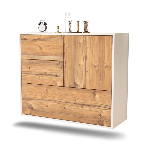 Sideboard Rancho Cucamonga | hängend | Korpus Weiß | Front in Pinie Holz Optik | 92x79x35cm (BxHxT)
