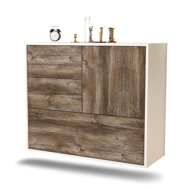 Sideboard Rancho Cucamonga | hängend | Korpus Weiß | Front in Treibholz Holz Optik | 92x79x35cm (BxHxT)