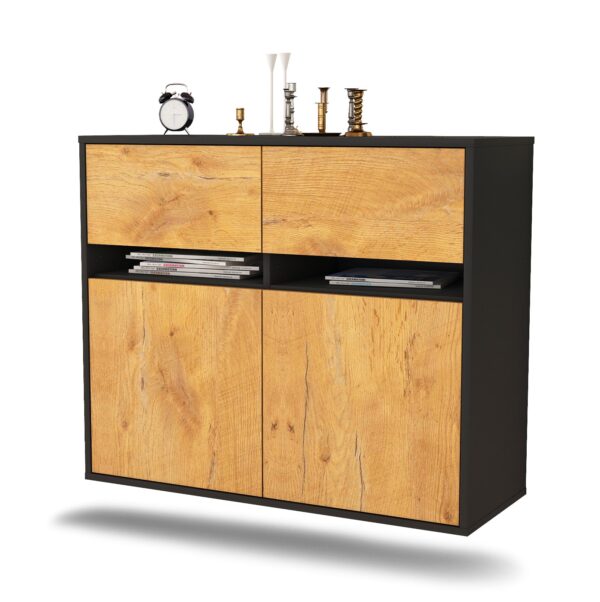 Sideboard Akron | hängend | Korpus Anthrazit | Front in Eiche Holz Optik | 92x79x35cm (BxHxT)