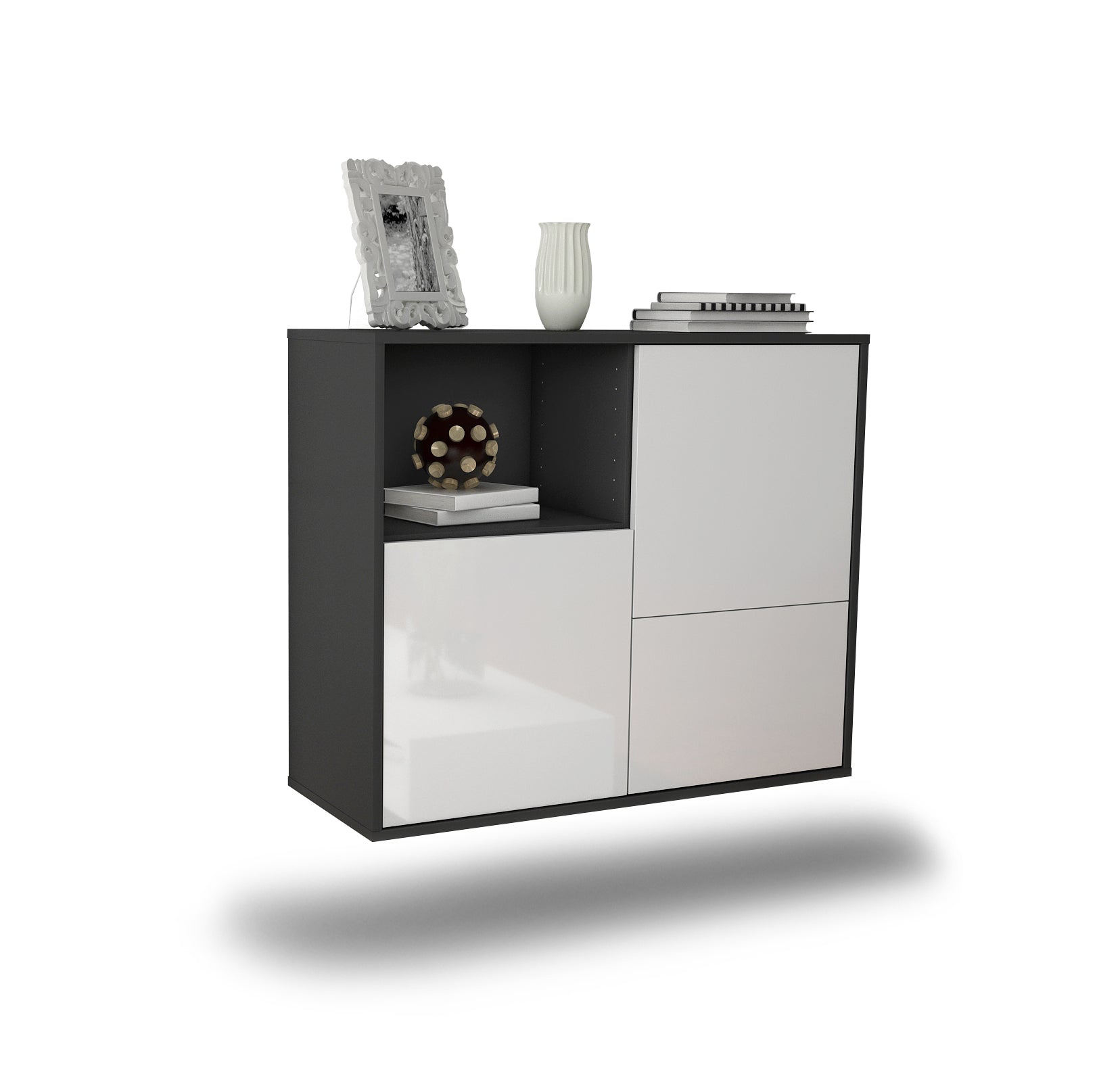 Sideboard Boise | hängend | Korpus Anthrazit | Front in Hochglanz Weiß | 92x79x35cm (BxHxT) 1 Sideboard Boise | hängend | Korpus Anthrazit | Front in Hochglanz Weiß | 92x79x35cm (BxHxT)