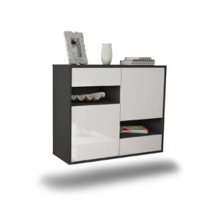 Sideboard Spokane | hängend | Korpus Anthrazit | Front in Hochglanz Weiß | 92x79x35cm (BxHxT)