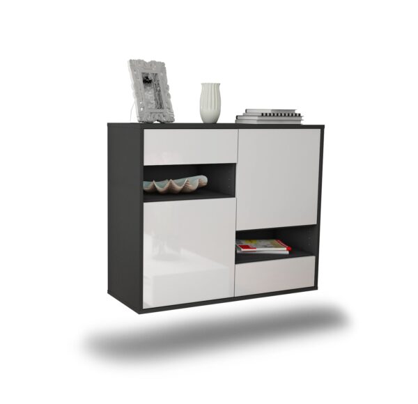 Sideboard Spokane | hängend | Korpus Anthrazit | Front in Hochglanz Weiß | 92x79x35cm (BxHxT)